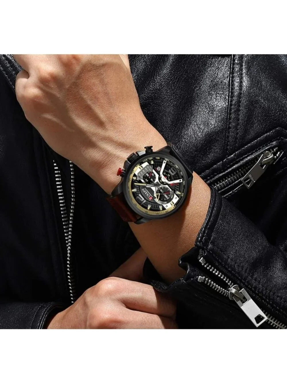 Men's Black Red Analog Quartz Waterproof Leather Strap Chronograph Luxury Watch